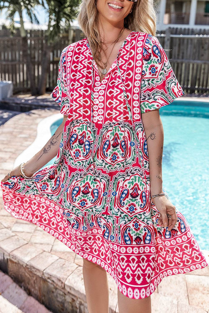 Sky Blue Bohemian Print Tie Neck Ruffle Hem Short Dress - Fashion Queen -  13
