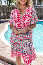 Load image into Gallery viewer, Sky Blue Bohemian Print Tie Neck Ruffle Hem Short Dress - Fashion Queen -  14
