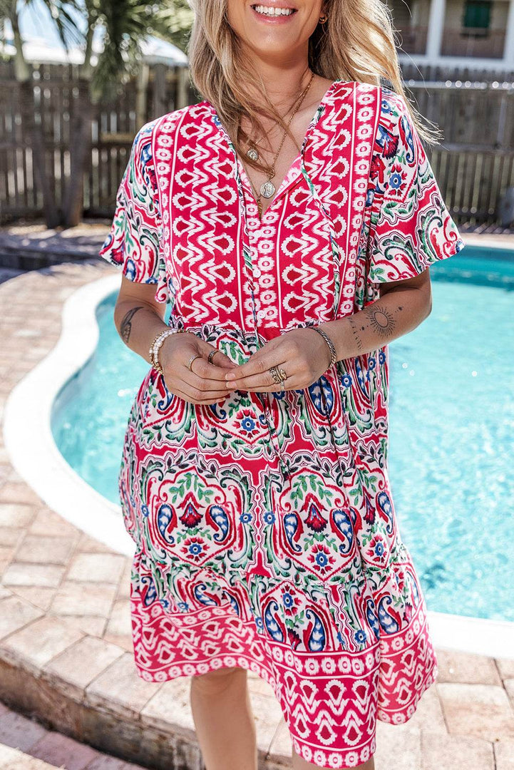 Sky Blue Bohemian Print Tie Neck Ruffle Hem Short Dress - Fashion Queen -  14