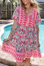 Load image into Gallery viewer, Sky Blue Bohemian Print Tie Neck Ruffle Hem Short Dress - Fashion Queen -  15

