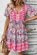 Load image into Gallery viewer, Sky Blue Bohemian Print Tie Neck Ruffle Hem Short Dress - Fashion Queen -  16

