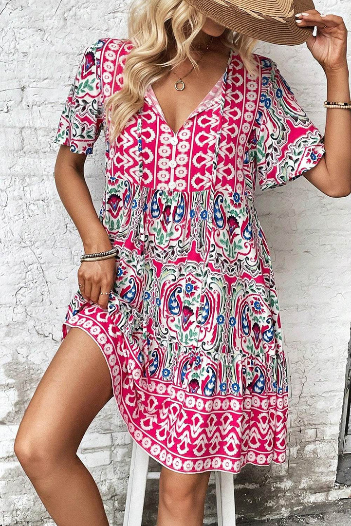 Sky Blue Bohemian Print Tie Neck Ruffle Hem Short Dress - Fashion Queen -  18