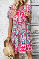 Load image into Gallery viewer, Sky Blue Bohemian Print Tie Neck Ruffle Hem Short Dress - Fashion Queen -  19
