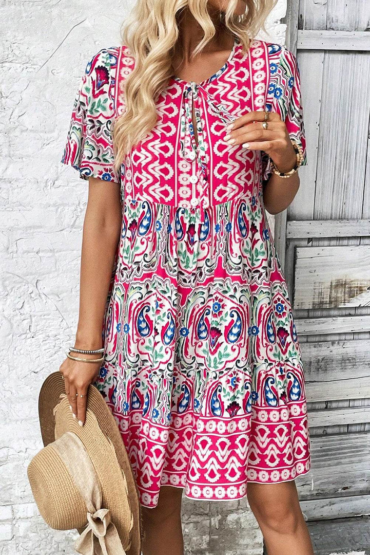 Sky Blue Bohemian Print Tie Neck Ruffle Hem Short Dress - Fashion Queen -  19