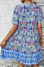 Load image into Gallery viewer, Sky Blue Bohemian Print Tie Neck Ruffle Hem Short Dress - Fashion Queen -  2

