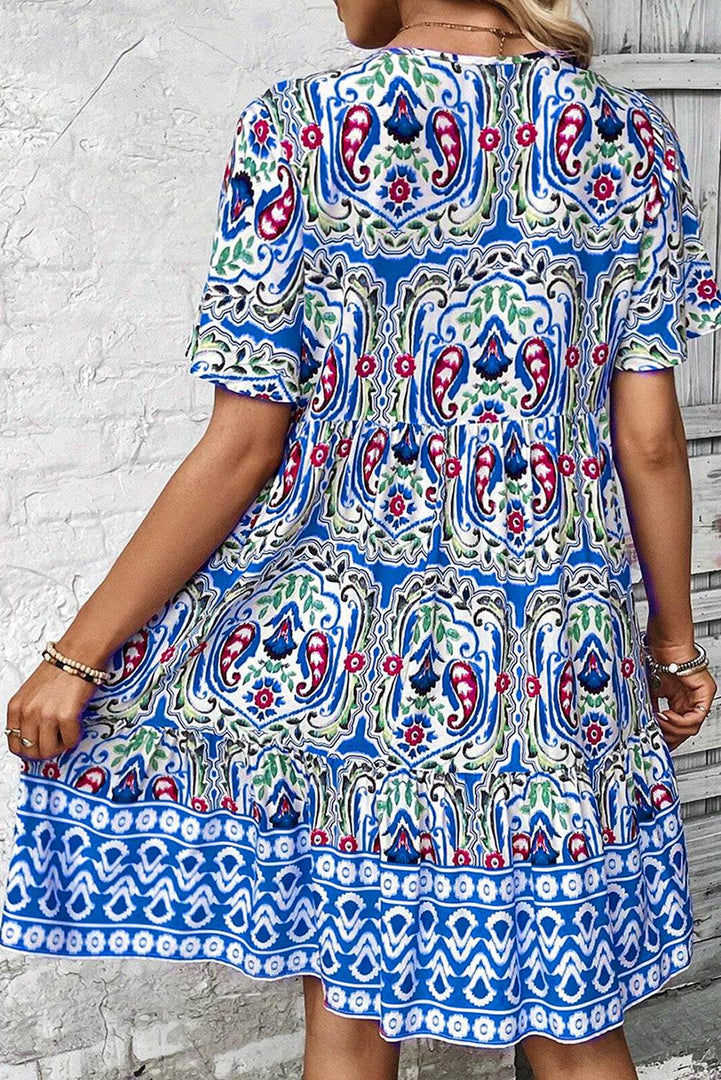 Sky Blue Bohemian Print Tie Neck Ruffle Hem Short Dress - Fashion Queen -  2