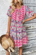 Load image into Gallery viewer, Sky Blue Bohemian Print Tie Neck Ruffle Hem Short Dress - Fashion Queen -  20
