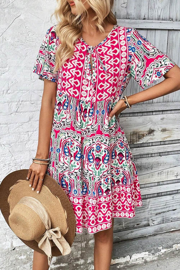Sky Blue Bohemian Print Tie Neck Ruffle Hem Short Dress - Fashion Queen -  20