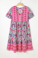Load image into Gallery viewer, Sky Blue Bohemian Print Tie Neck Ruffle Hem Short Dress - Fashion Queen -  21
