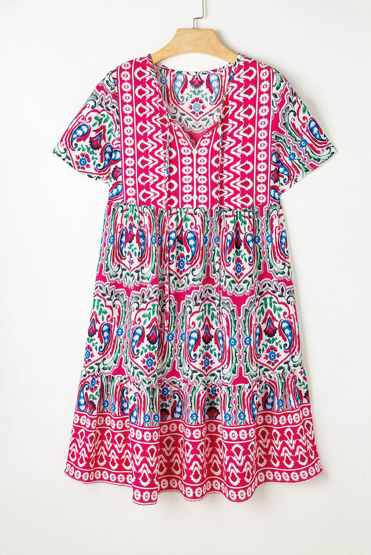 Sky Blue Bohemian Print Tie Neck Ruffle Hem Short Dress - Fashion Queen -  21