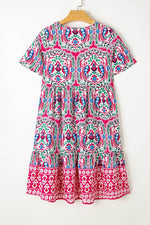 Load image into Gallery viewer, Sky Blue Bohemian Print Tie Neck Ruffle Hem Short Dress - Fashion Queen -  22
