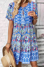Load image into Gallery viewer, Sky Blue Bohemian Print Tie Neck Ruffle Hem Short Dress - Fashion Queen -  3

