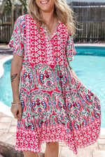 Load image into Gallery viewer, Sky Blue Bohemian Print Tie Neck Ruffle Hem Short Dress - Fashion Queen -  4
