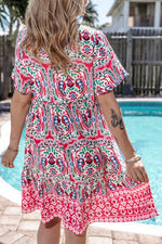 Load image into Gallery viewer, Sky Blue Bohemian Print Tie Neck Ruffle Hem Short Dress - Fashion Queen -  5
