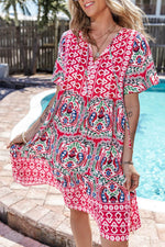 Load image into Gallery viewer, Sky Blue Bohemian Print Tie Neck Ruffle Hem Short Dress - Fashion Queen -  6
