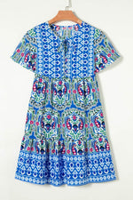 Load image into Gallery viewer, Sky Blue Bohemian Print Tie Neck Ruffle Hem Short Dress - Fashion Queen -  7
