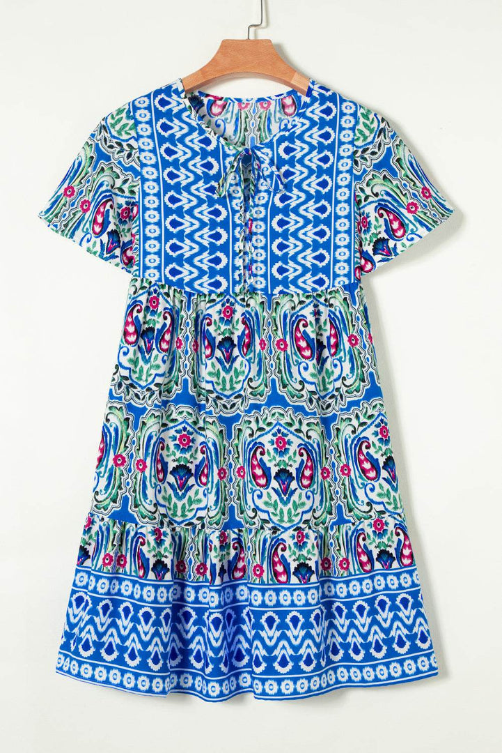 Sky Blue Bohemian Print Tie Neck Ruffle Hem Short Dress - Fashion Queen -  7