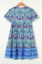 Load image into Gallery viewer, Sky Blue Bohemian Print Tie Neck Ruffle Hem Short Dress - Fashion Queen -  8
