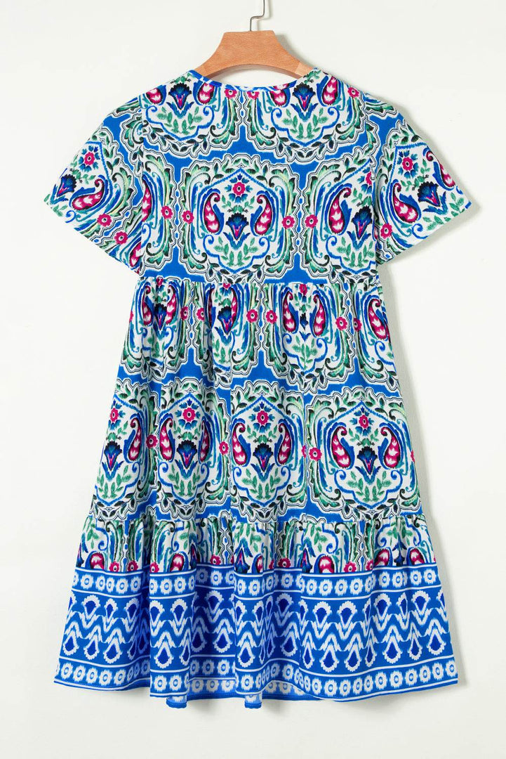 Sky Blue Bohemian Print Tie Neck Ruffle Hem Short Dress - Fashion Queen -  8