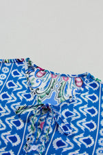 Load image into Gallery viewer, Sky Blue Bohemian Print Tie Neck Ruffle Hem Short Dress - Fashion Queen -  9

