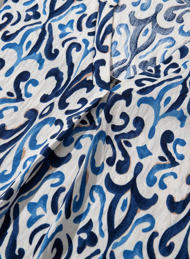 Sky Blue Boho Abstract Print Pintuck Detail Ruffled Top - Fashion Queen -  10