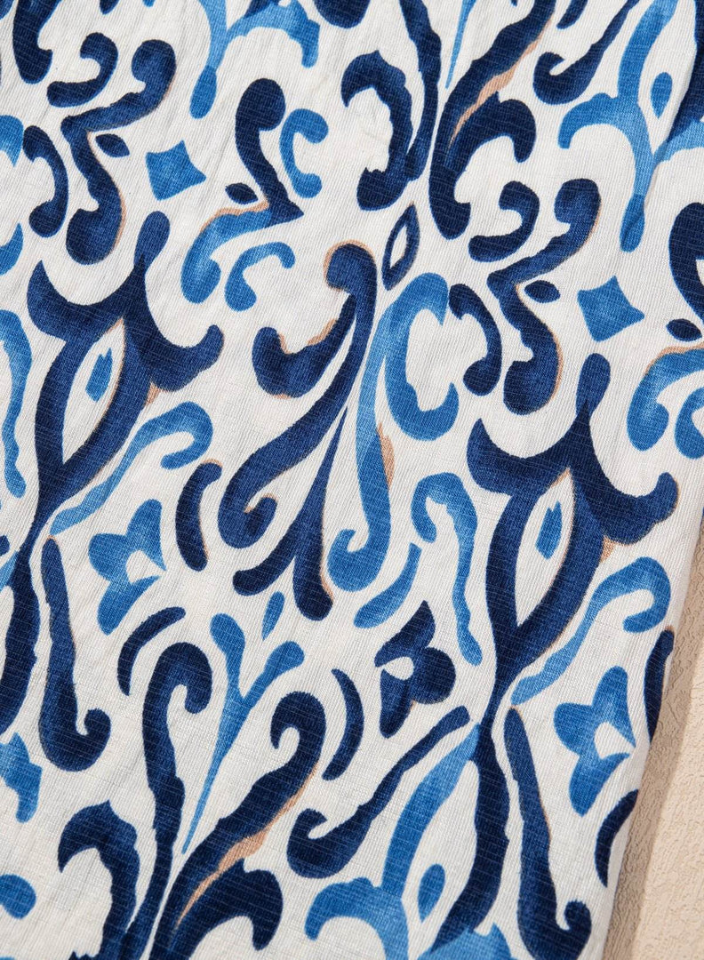 Sky Blue Boho Abstract Print Pintuck Detail Ruffled Top - Fashion Queen -  11