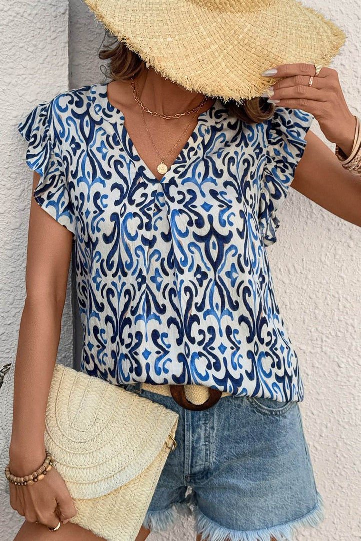 Sky Blue Boho Abstract Print Pintuck Detail Ruffled Top - Fashion Queen -  5