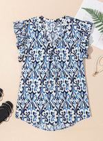Load image into Gallery viewer, Sky Blue Boho Abstract Print Pintuck Detail Ruffled Top - Fashion Queen -  7
