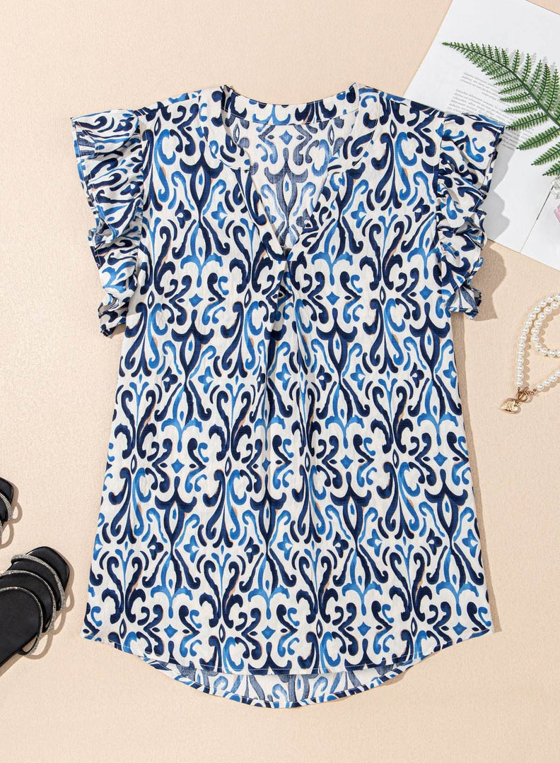 Sky Blue Boho Abstract Print Pintuck Detail Ruffled Top - Fashion Queen -  7