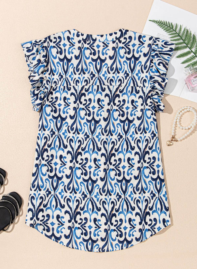 Sky Blue Boho Abstract Print Pintuck Detail Ruffled Top - Fashion Queen -  8