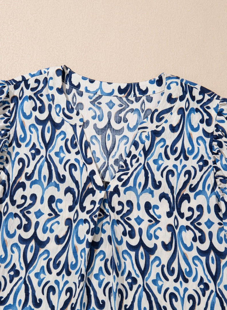 Sky Blue Boho Abstract Print Pintuck Detail Ruffled Top - Fashion Queen -  9