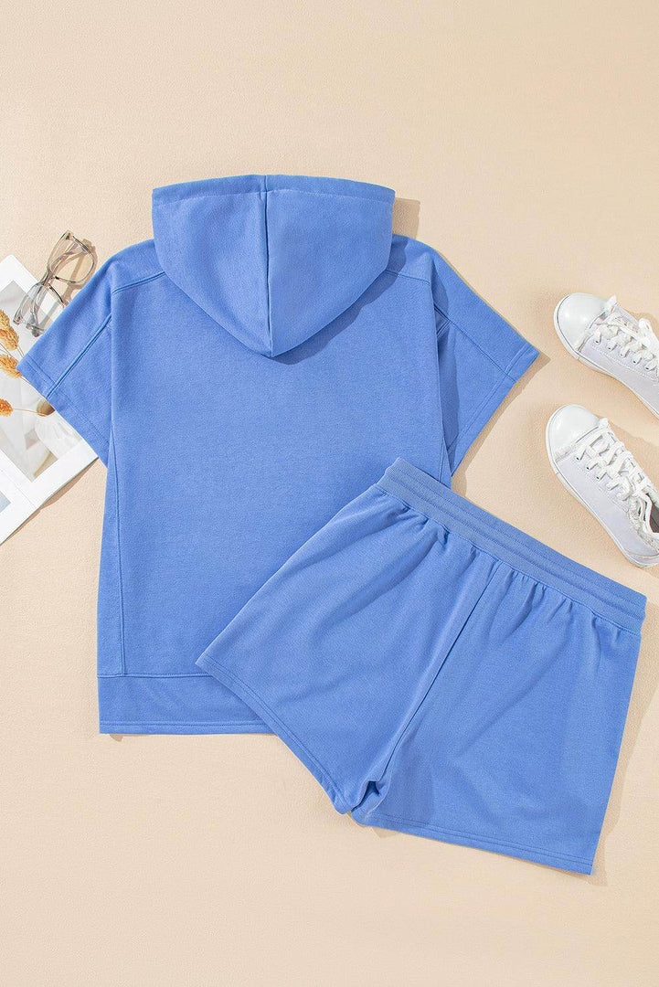 Sky Blue Casual Zipped Short Sleeve Hoodie and Shorts Set - Fashion Queen -  11
