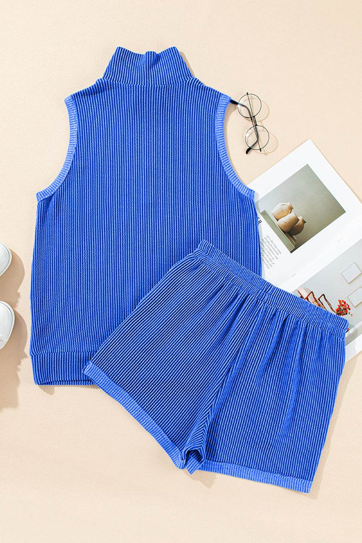 Sky Blue Corded Collared Half Zip Tank Top Two Piece Shorts Set - Fashion Queen -  12