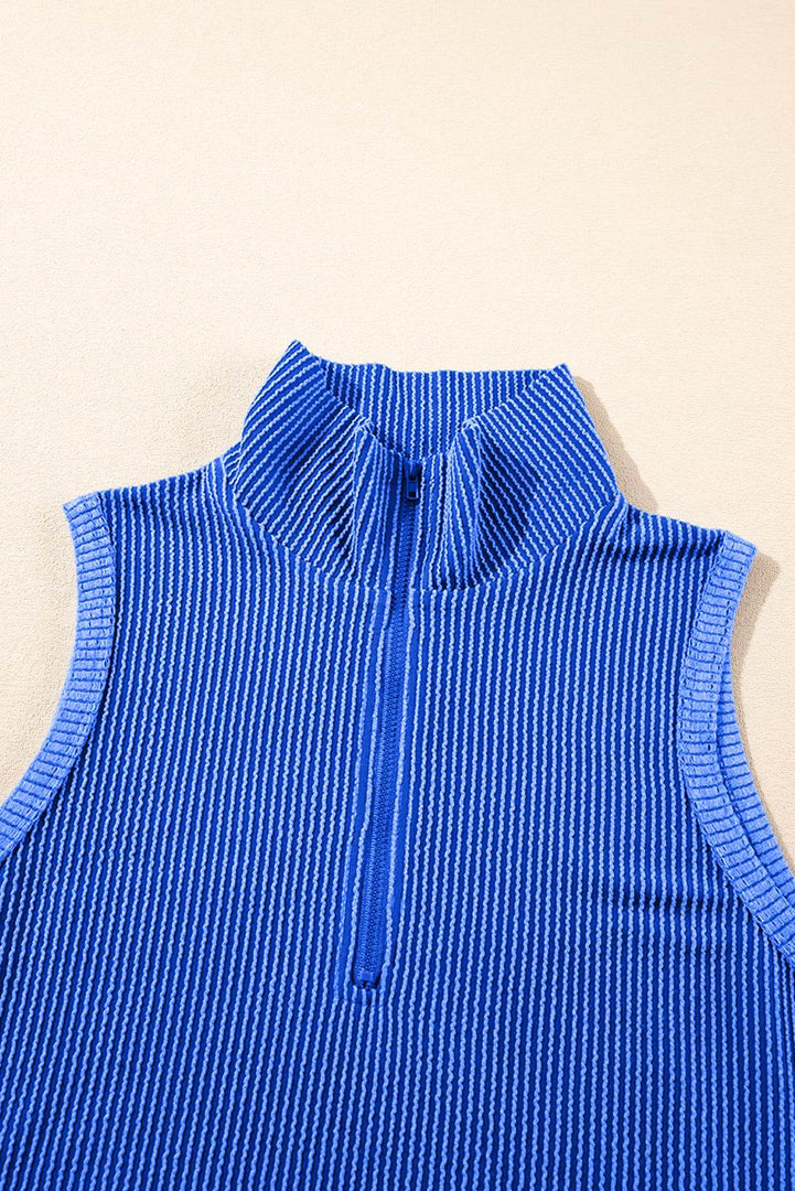 Sky Blue Corded Collared Half Zip Tank Top Two Piece Shorts Set - Fashion Queen -  13