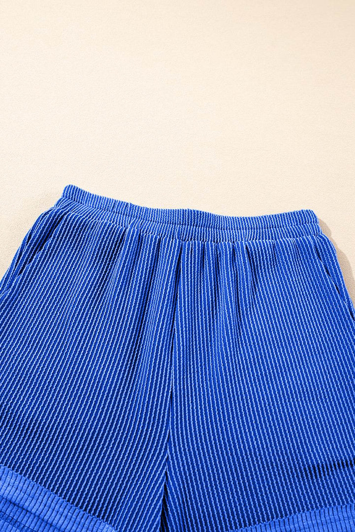 Sky Blue Corded Collared Half Zip Tank Top Two Piece Shorts Set - Fashion Queen -  17