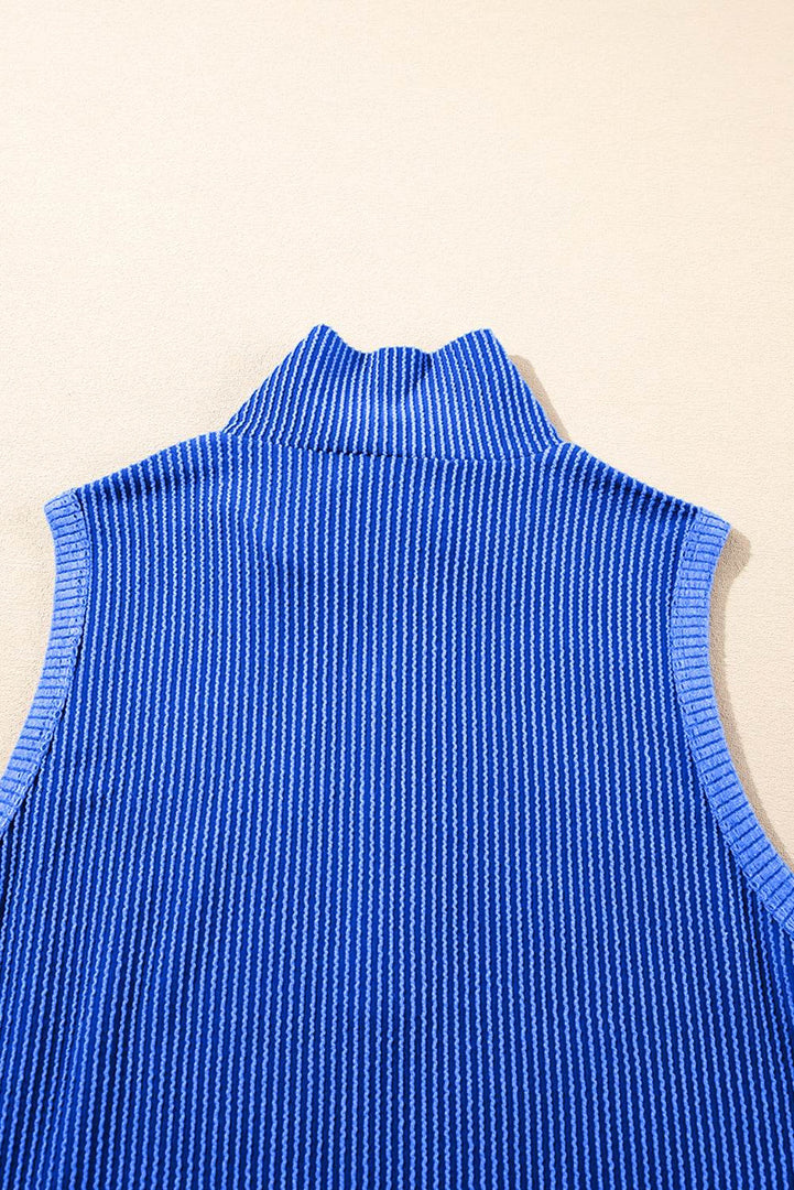 Sky Blue Corded Collared Half Zip Tank Top Two Piece Shorts Set - Fashion Queen -  19