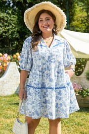 Sky Blue Floral Print Collared V Neck Ric-rac Trim Plus Size Mini Dress - Fashion Queen -  1