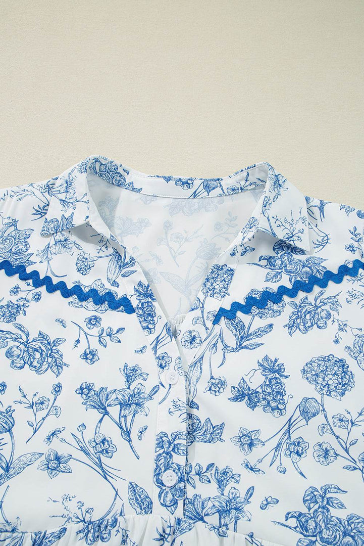 Sky Blue Floral Print Collared V Neck Ric-rac Trim Plus Size Mini Dress - Fashion Queen -  12