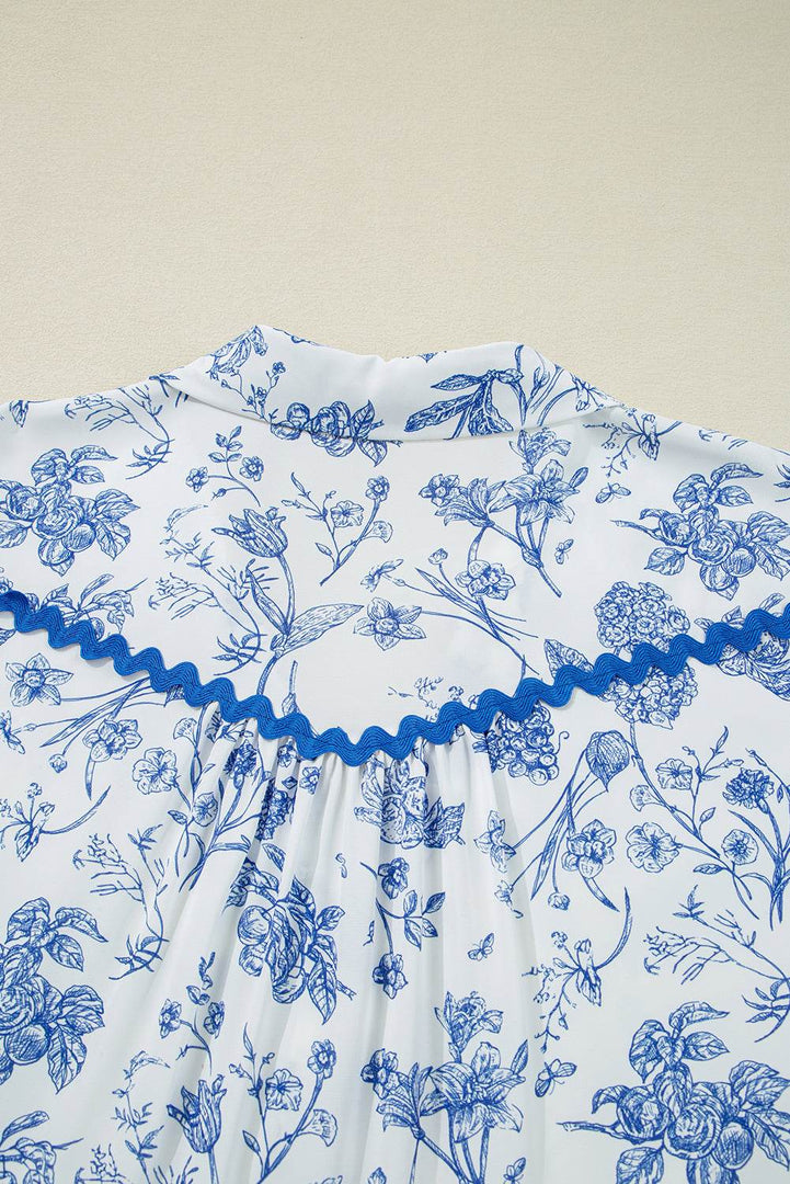 Sky Blue Floral Print Collared V Neck Ric-rac Trim Plus Size Mini Dress - Fashion Queen -  14