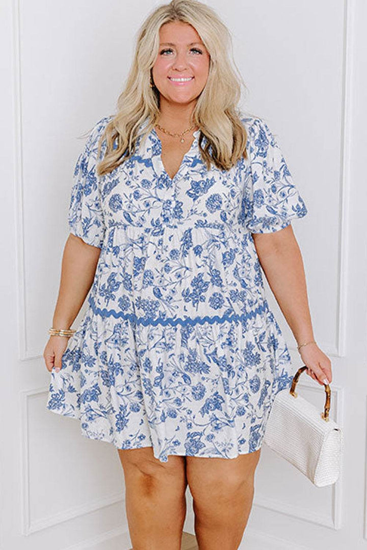 Sky Blue Floral Print Collared V Neck Ric-rac Trim Plus Size Mini Dress - Fashion Queen -  9