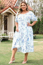 Load image into Gallery viewer, Sky Blue Floral Print Sweetheart Neck Plus Size Midi Dress - Fashion Queen -  1

