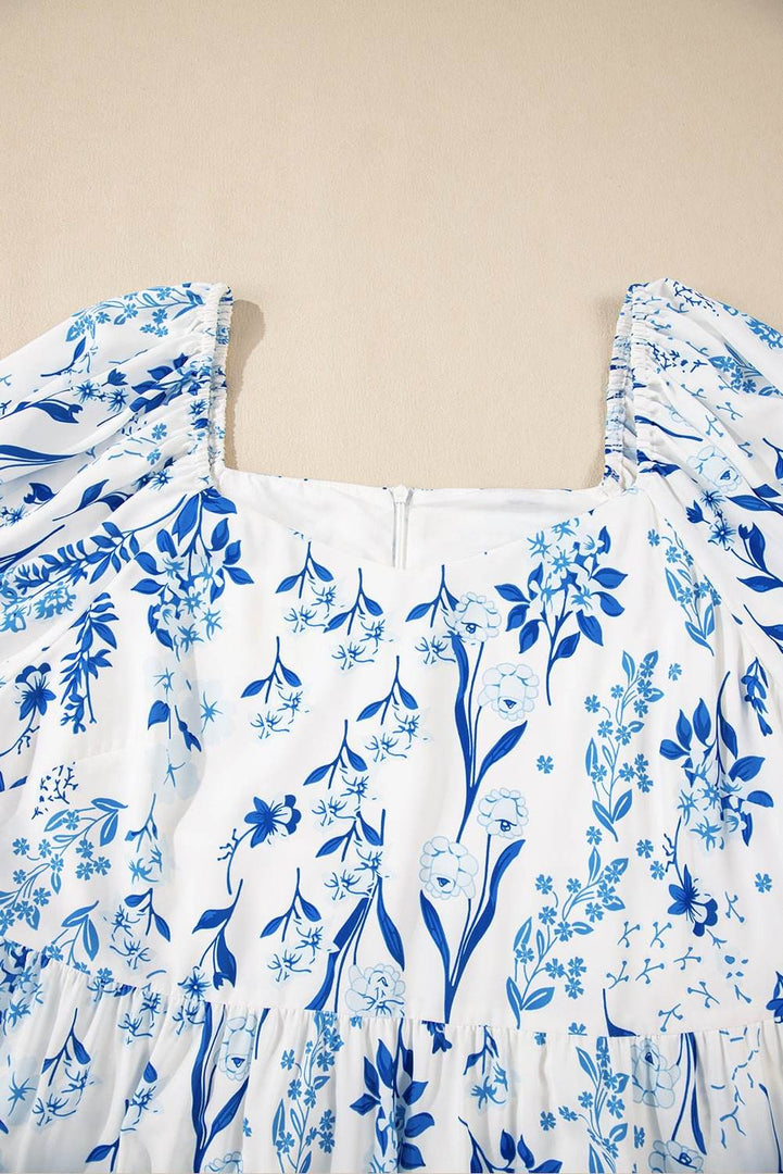 Sky Blue Floral Print Sweetheart Neck Plus Size Midi Dress - Fashion Queen -  13