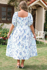 Load image into Gallery viewer, Sky Blue Floral Print Sweetheart Neck Plus Size Midi Dress - Fashion Queen -  2
