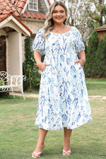 Load image into Gallery viewer, Sky Blue Floral Print Sweetheart Neck Plus Size Midi Dress - Fashion Queen -  5
