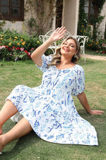 Load image into Gallery viewer, Sky Blue Floral Print Sweetheart Neck Plus Size Midi Dress - Fashion Queen -  6
