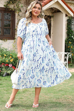 Load image into Gallery viewer, Sky Blue Floral Print Sweetheart Neck Plus Size Midi Dress - Fashion Queen -  7
