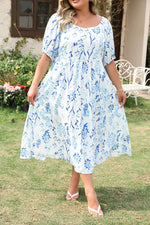 Load image into Gallery viewer, Sky Blue Floral Print Sweetheart Neck Plus Size Midi Dress - Fashion Queen -  8
