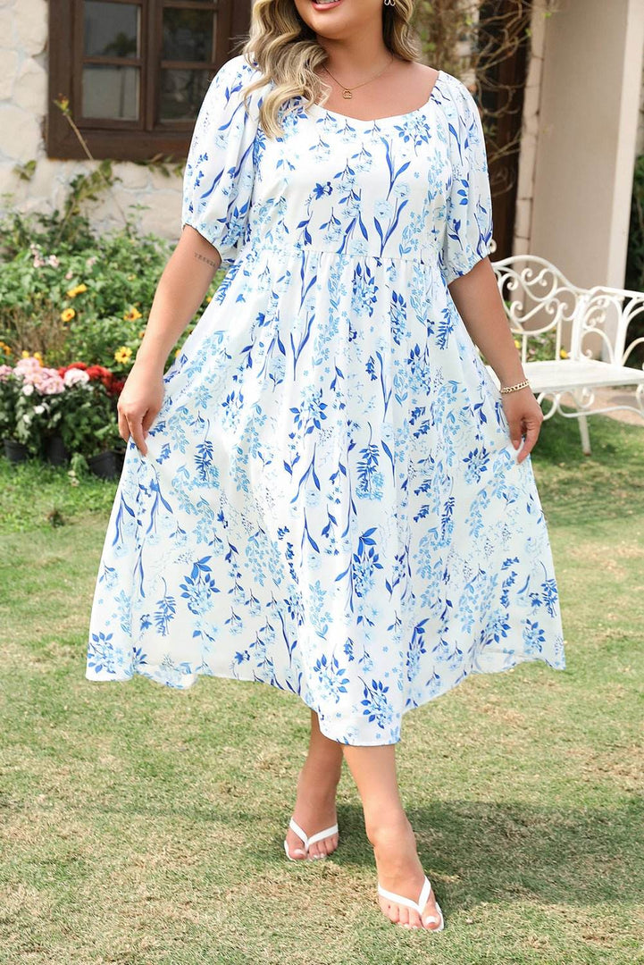Sky Blue Floral Print Sweetheart Neck Plus Size Midi Dress - Fashion Queen -  8