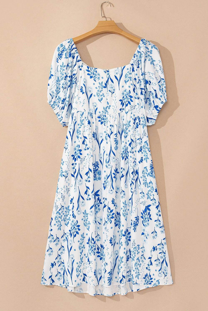 Sky Blue Floral Print Sweetheart Neck Plus Size Midi Dress - Fashion Queen -  9