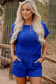 Sky Blue Jacquard Textured Buttoned Tee and Shorts Set - Fashion Queen -  1